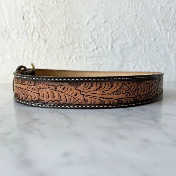 Vintage Western Tooled Leather Belt Cowboy Style with Brass Buckle-Men's Size 26 - Picture 3 of 8